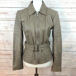 Vintage Cache Taupe Quilted Genuine Leather Beige Belted Moto Jacket